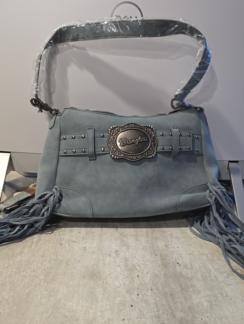 Wrangler Suede Fringe Shoulder Bag in Dusty Blue-Grey